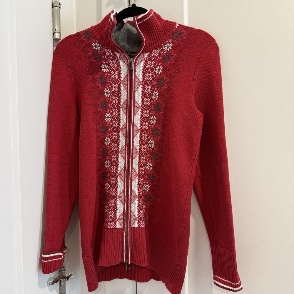 Eddie Bauer Nordic Snowflake Full Zip Knit Sweater‎ Jacket Womens Med Christmas